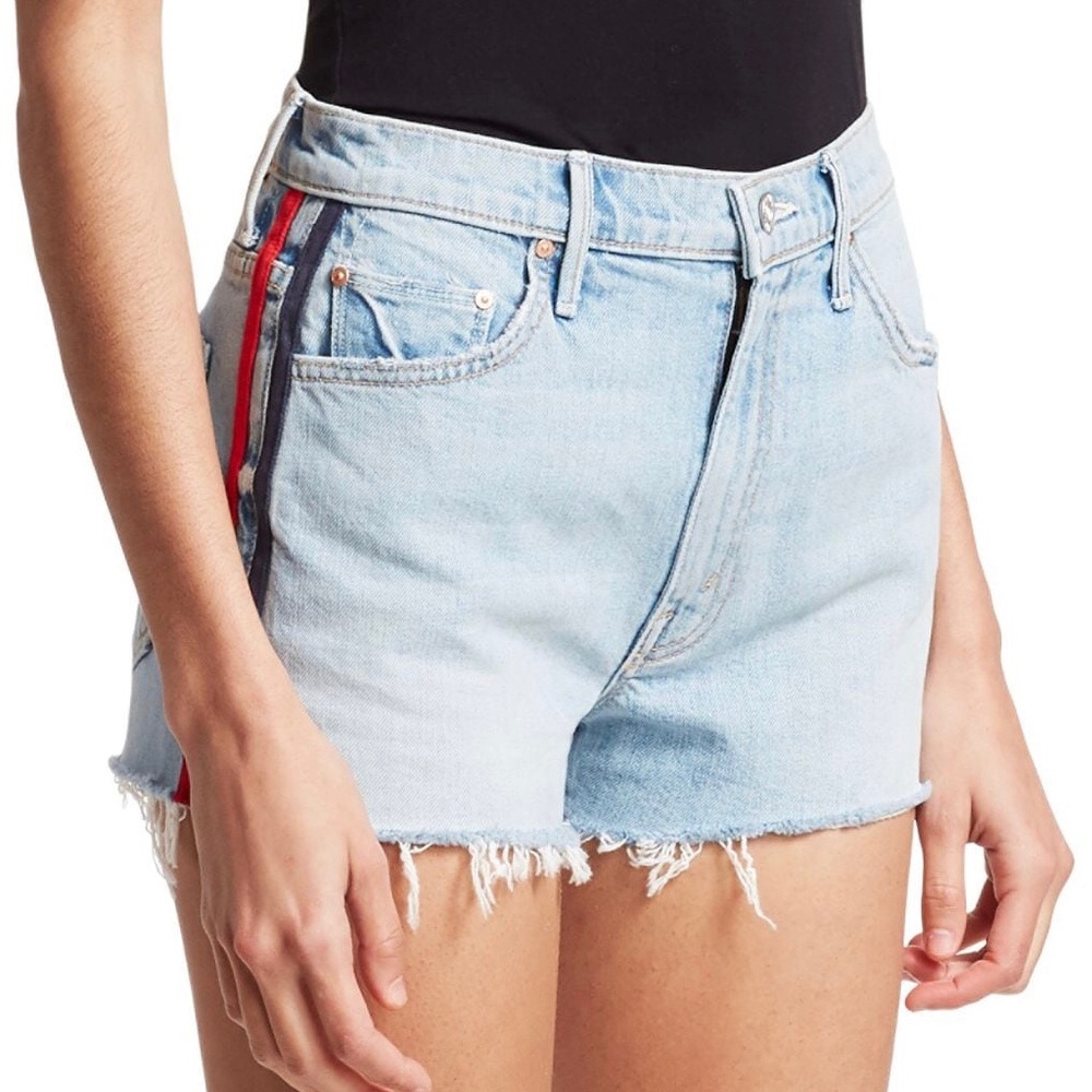 MOTHER Light Wash Denim Shorts with Red Side Stripe